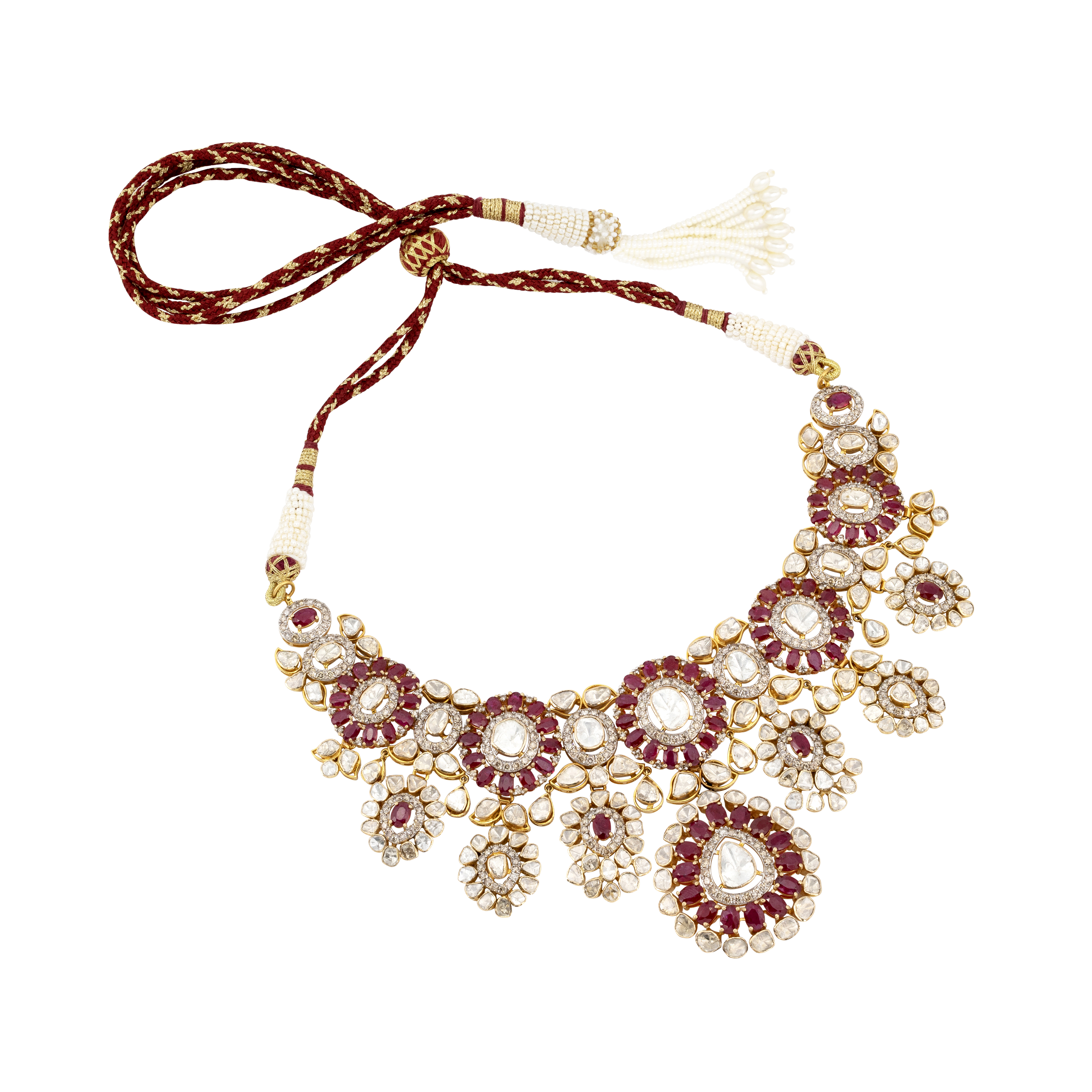 Ruby and Polki Floral Necklace with Diamond Accents
